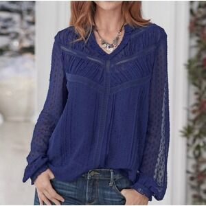 Sundance‎ Silk Chiffon Swiss Dot Pintuck Lace Top-Long Sleeve-Navy-Size Small